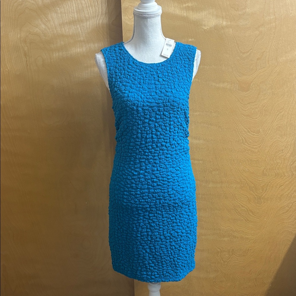 NWT Anthropologie Topaz Blue Textured Ruched Mini Shift Dress Size S